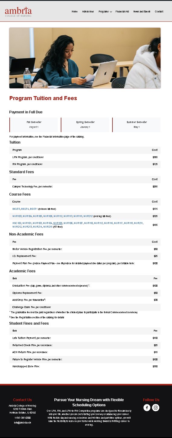 Redesigned Ambria tuition page with hero image and clean layout